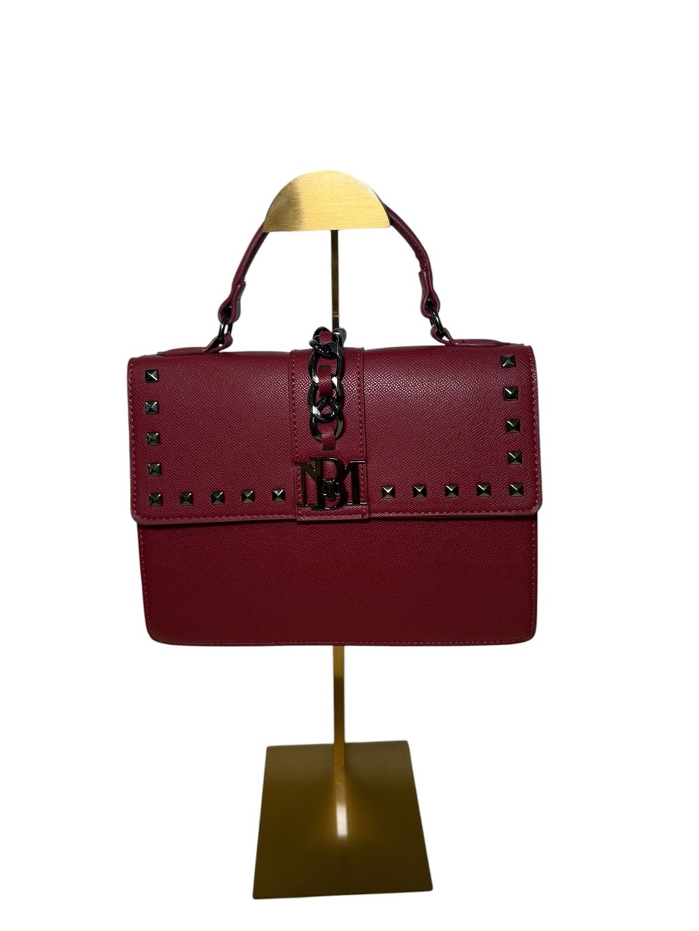NWOT Badgley Mischka Burgundy Studded Crossbody Flap Satchel Bag Gunmetal